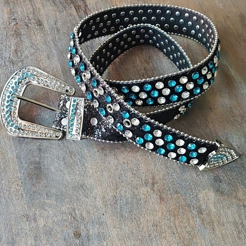 NWT Western Black Glitter and Turquoise Rhinestone Studded Belt